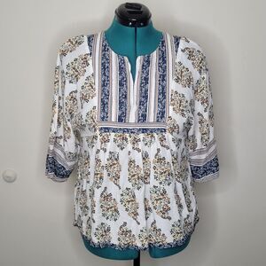 Lucky Brand Blue Boho Countrycore Floral Peasant Renaissance Ren Fest Top Sz S/P